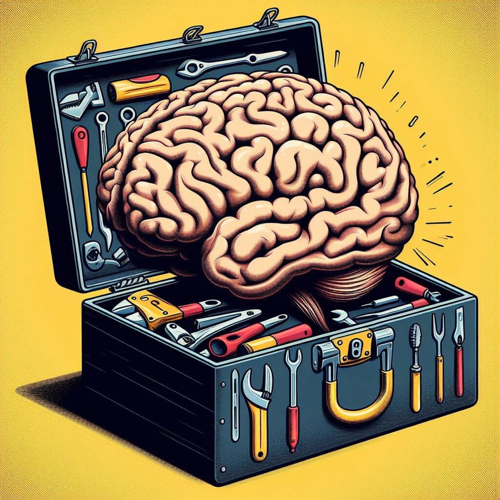 Symbolbild für die mentale Toolbox von Sportpsychologie München: Gehirn in geöffneter Werkzeugkiste